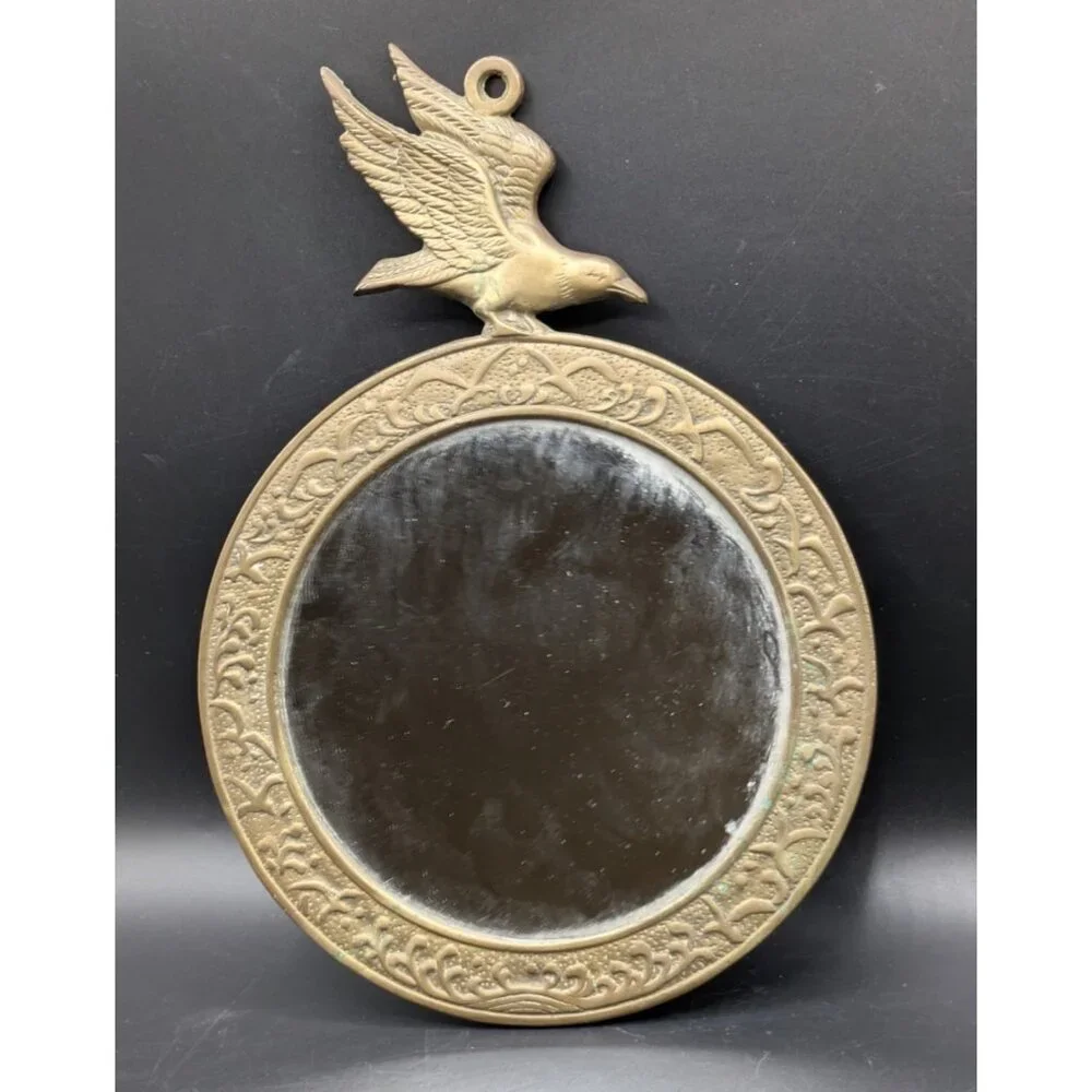 Vintage Brass Round Crow Raven Bird Framed Mirror Wall Mount Tarnished 12